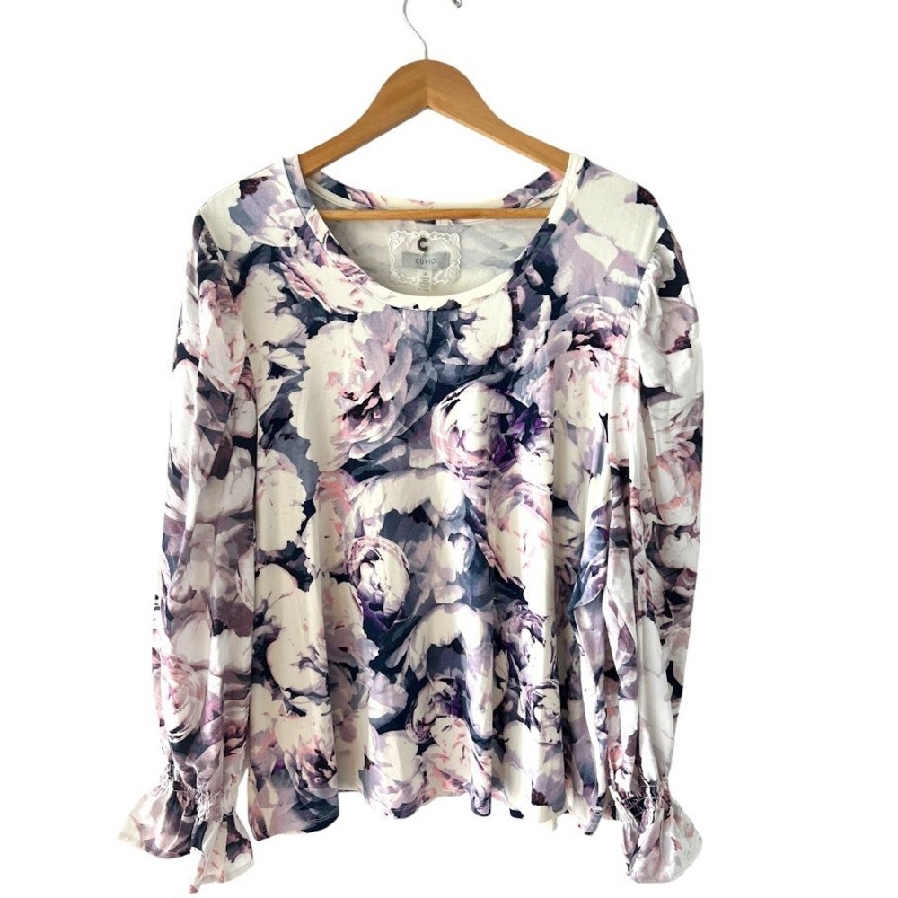 Cupio Floral Smocked Cuff Top Women 3X Purple Ivory Peony Long Sleeve Blouse